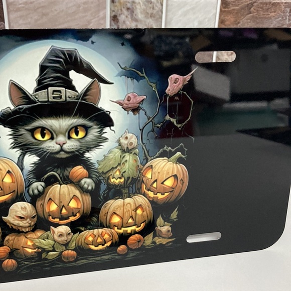 Halloween Cat License Plate With Cup Holder Inserts - Picture 3 of 6